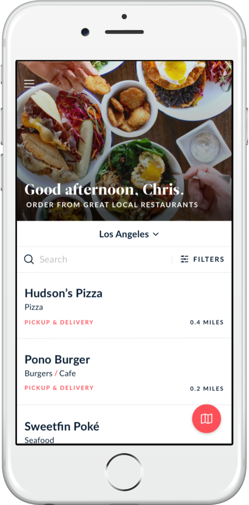 A food delivery app screen displaying a variety of dishes available from nearby local restaurants.